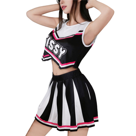 LittleForBigユニセックス クロップトップとスカート2点セット【応援チアリーダー】袖なしトップス 不規則の裾のライン 黒 MUT262H