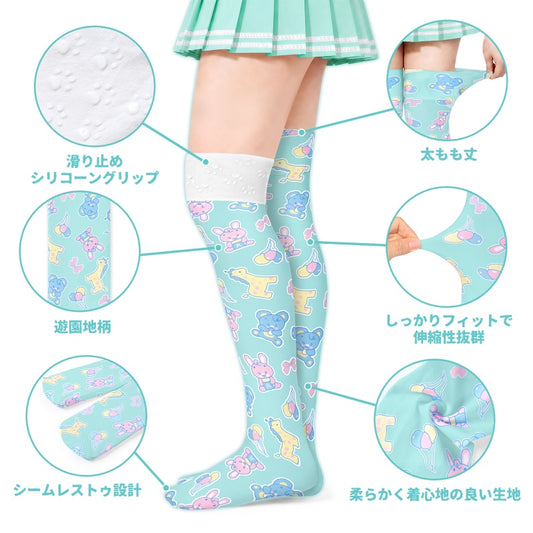 LittleForBigニーハイストッキング【遊園地】シルキーハイソックス 滑り止めシリコーングリップ シームレストゥ 伸縮性 通気性 緑 SL18V