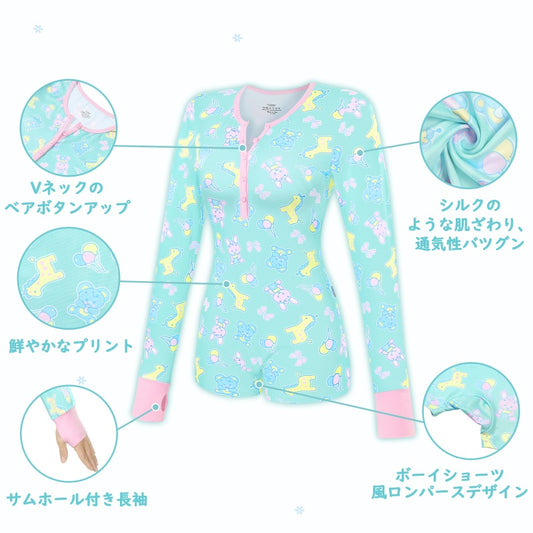 LittleForBig大人長袖ロンパースパンツ【遊園地】総柄 サムホール付きとリブ編み 前開き ベア型ボタン シルキー 緑 DP0043V