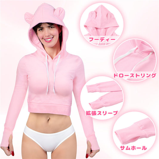 LittleForBigレディース 綿クロップドフーディー【ふわふわベアちゃん】パーカー 長袖 サムホール ドローストリング レギュラーフィット ピンク J612P