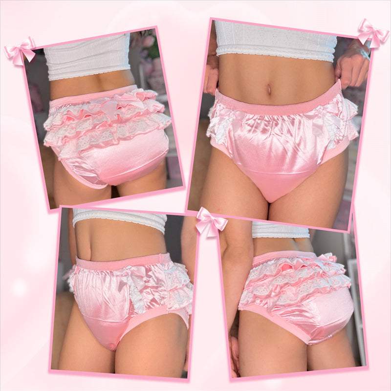 Littleforbig大人単体で使えるトレーニングパンツ 光沢サテン【お姫様スカート】蝶結びとフリル付き 吸収・防漏・通気性 ストレッチウェストで快適 洗濯可 ピンク DC302P