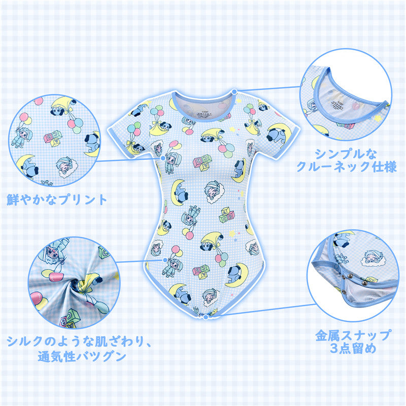 LittleForBig大人ロンパース パジャマ【あおちゃん·寝る時間】総柄 スベスベシルキー触感 ボディスーツ ブルー DP0041B