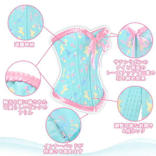 LittleForBigレディースコルセット【遊園地】総柄 ストラップ レースアップ ボディシェイパー トップ 調節可 緑 UC206V