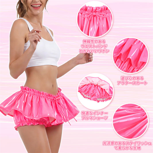 LittleForBigレディース 超ミニブルマースカート【お姫様風】光沢フェイクレザー フリルとリボン飾り ドレス 伸縮性のあるウエストバンドと裾 パンツスカート ピンク 349P
