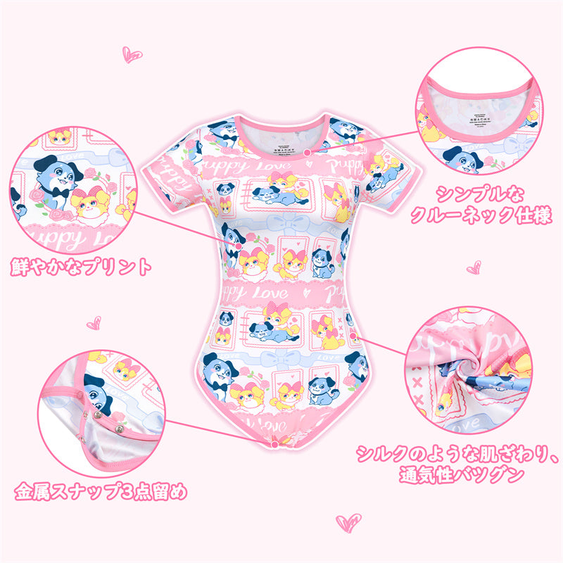 LittleForBig大人ロンパース パジャマ【あおちゃんの恋い物語】ロマンチックなプリント スベスベシルキー触感 ボディスーツ ピンク DP0039