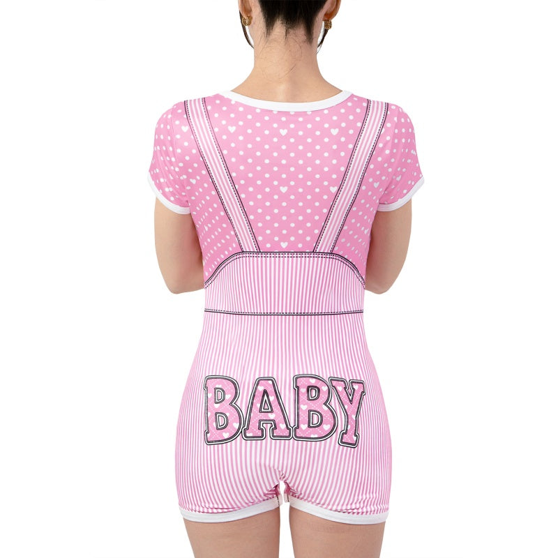 LittleForBig大人用シルキーロンパース パジャマ【照れくさいハート柄】ツーピース風 メタルボタン仕様 背面BABY文字 半袖 伸縮性 柔らかな生地 フェイクツーピース風ショートオール ピンク DP0050P