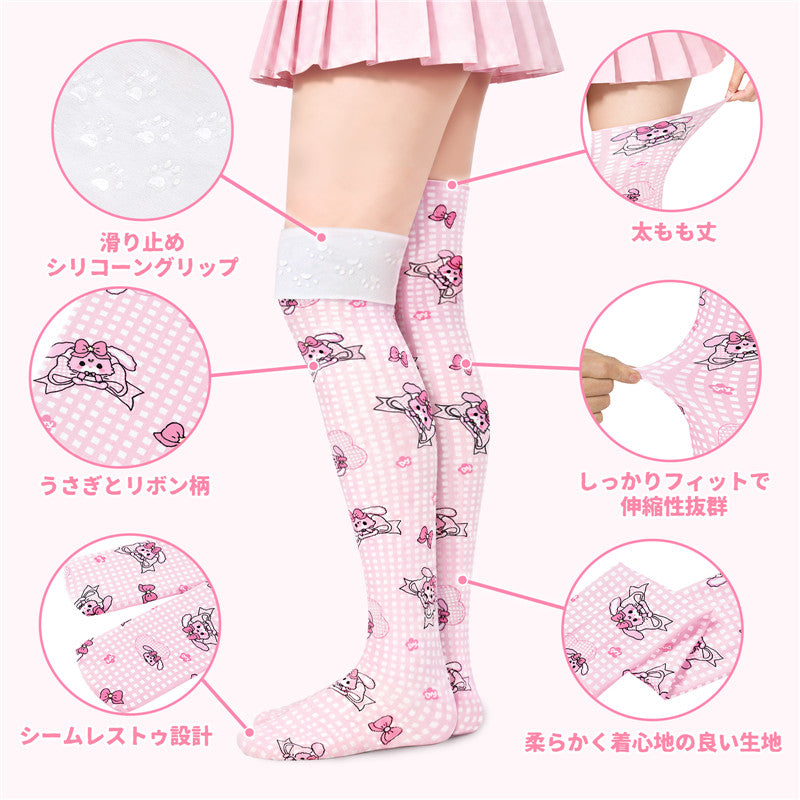 LittleForBigニーハイストッキング【うさぎとリボン】格子縞 シルキーハイソックス 滑り止めシリコーングリップ シームレストゥ 伸縮性 通気性 ピンク SL23P