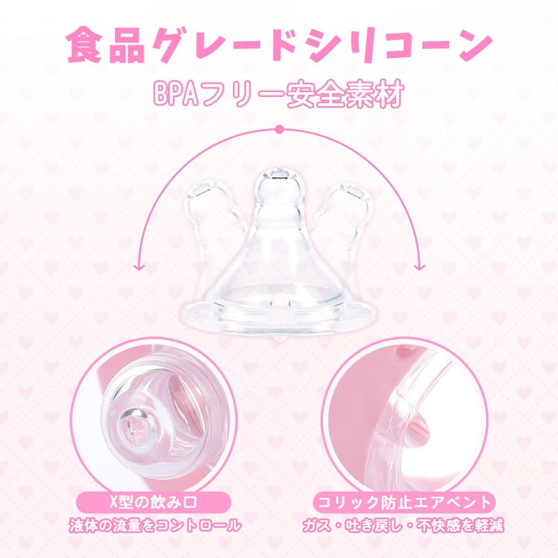 LittleForBig大人用哺乳びん【照れくさいハート】防塵蓋付き 大容量450mL 引き換え可能なシリコーンニップル 大人向けグラス哺乳瓶 ピンク BTL07