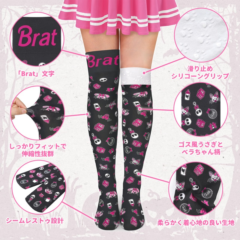 LittleForBigニーハイストッキング【いたずらなベラちゃんの音楽家】シルキーハイソックス ゴス風 ハロウィン シームレストゥ 滑り止めシリコーングリップ ベルベット調 シルキー触感 靴下 黒 SL27H