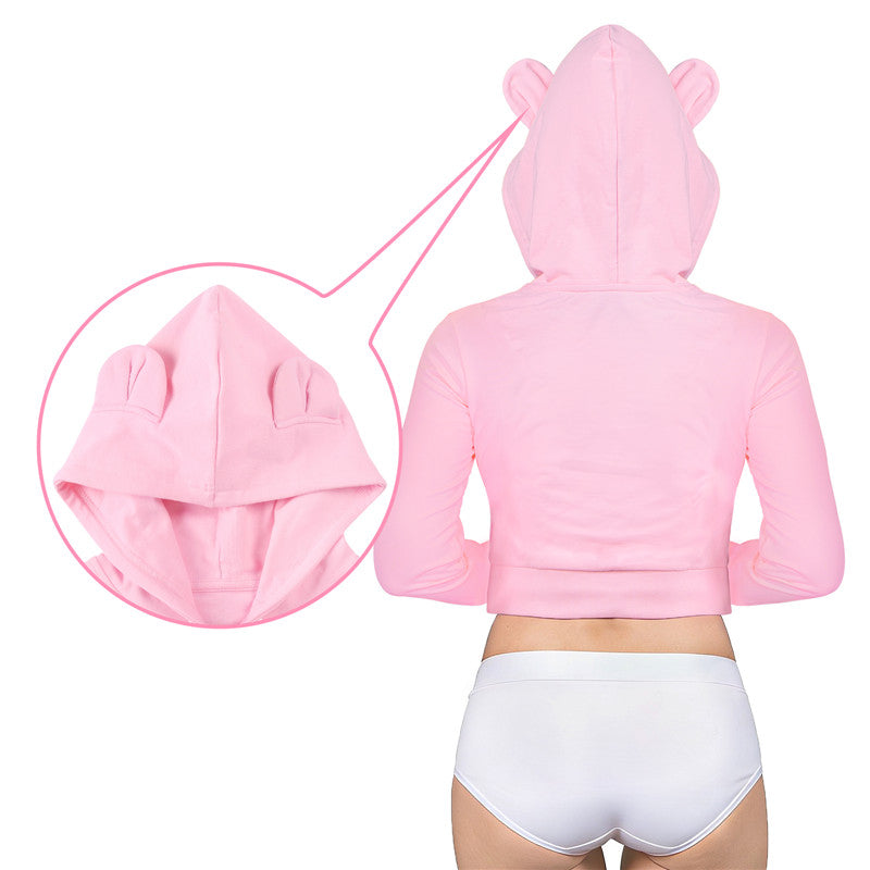 LittleForBigレディース 綿クロップドフーディー【ふわふわベアちゃん】パーカー 長袖 サムホール ドローストリング レギュラーフィット ピンク J612P