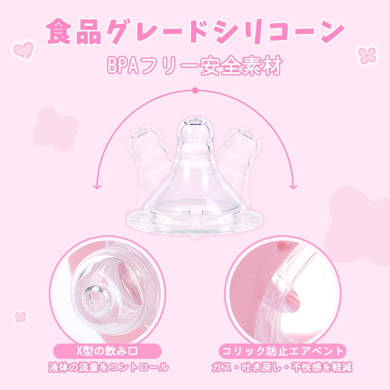 LittleForBig大人用哺乳瓶 大容量450mL ガラス製 哺乳びん【なかよしのお友達】テーマ 防塵蓋付 交換可能なシリコーンニップル 広口設計 BPAフリー 高耐久 X字型の飲み口 持ち運び便利 電子レンジ対応 ピンク BTL11