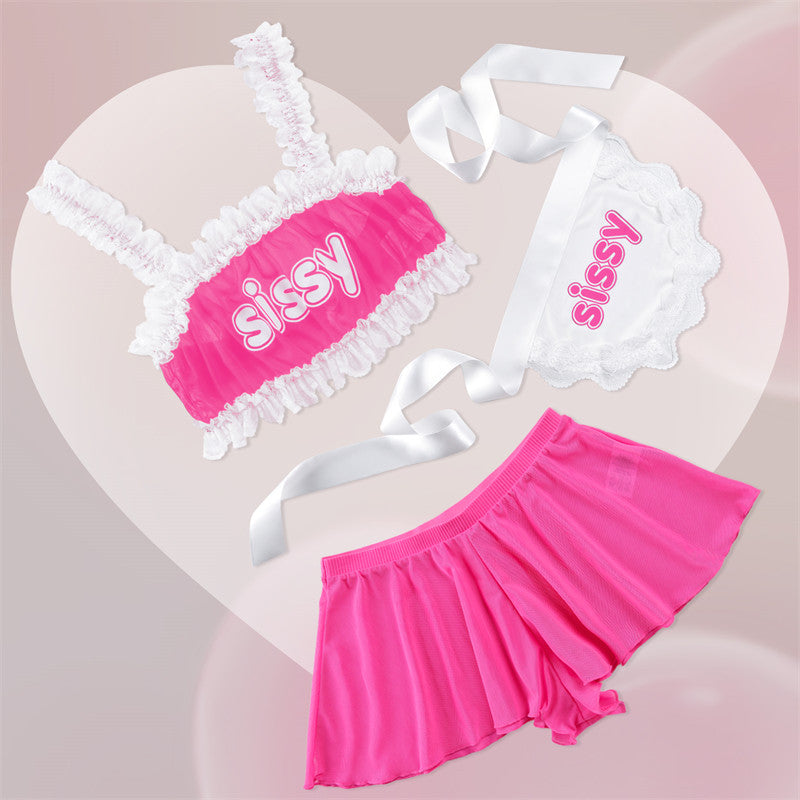 LittleForBigメンズ ブラレット3点セット【シシーメイド】シースルー・レース 取り外し可能エプロン付き 調節可 ローズ MUT265F