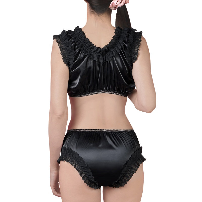 LittleForBigユニセックス ブラレット2点セット【光沢サテン】レースフリルとリボン付き 繻子質感 ストレッチウエストと裾 シルキー触感 キャミソールとパンティー プルオン式 伸縮性 黒 MUT266H