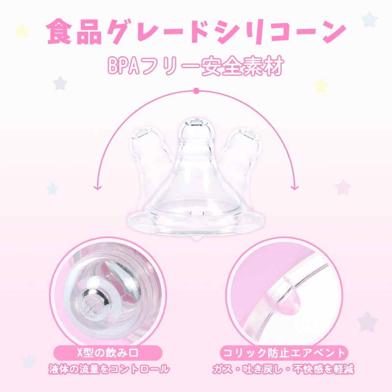 LittleForBig大人用哺乳びん【夢の国の小さな妖精たち】防塵蓋付き 大容量450mL 引き換え可能なシリコーンニップル 大人向けグラス哺乳瓶 ピンク BTL09