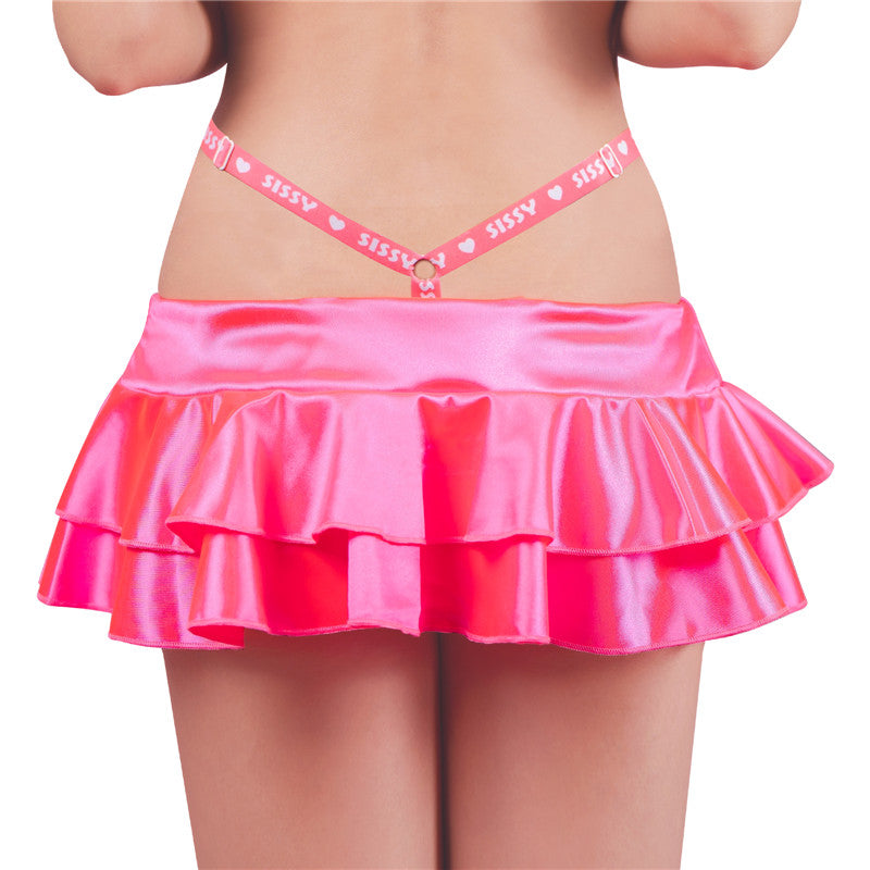 LittleForBigメンズ 超ミニスカート【ティアードスカート風】 Y2K 光沢サテン 2層重ねフリル 調整可能なサイドストラップ Aラインスカート ピンク M346P