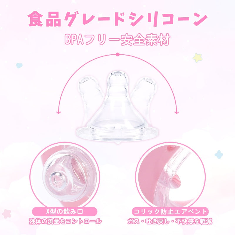 LittleForBig大人用哺乳びん 大容量450mL ガラス製哺乳瓶【眠っているウサギとベアちゃん】防塵蓋付 交換可能シリコーンニップル 広口設計 BPA・ラテックスフリー 高耐久 X字型の飲み口 ピンク BTL12