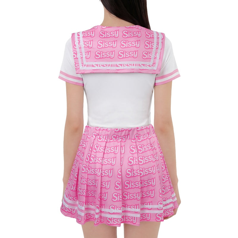 LittleForBigメンズロンパース2点セット プリーツスカート【スクールガール風】 シシー総柄 制服 シルキーパジャマ ボディースーツ リボン飾り ピンク M1029TP