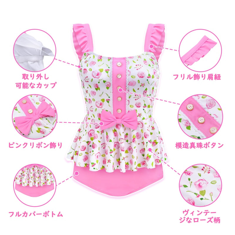 Littleforbig水着ワンピース【ビンテージローズ柄】401P