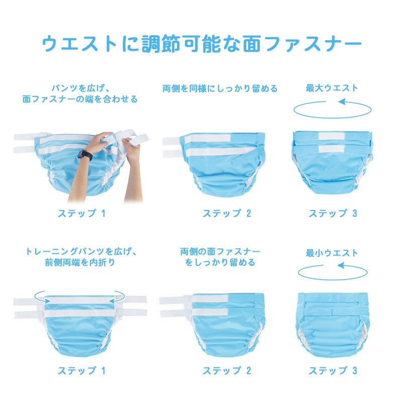 LittleForBig大人 単体で使えるトレーニングパンツ 面ファスナー式調節可能なウェスト【無地】2本取り面ファスナー 吸収・防漏・通気性 洗濯可 青 DC327B