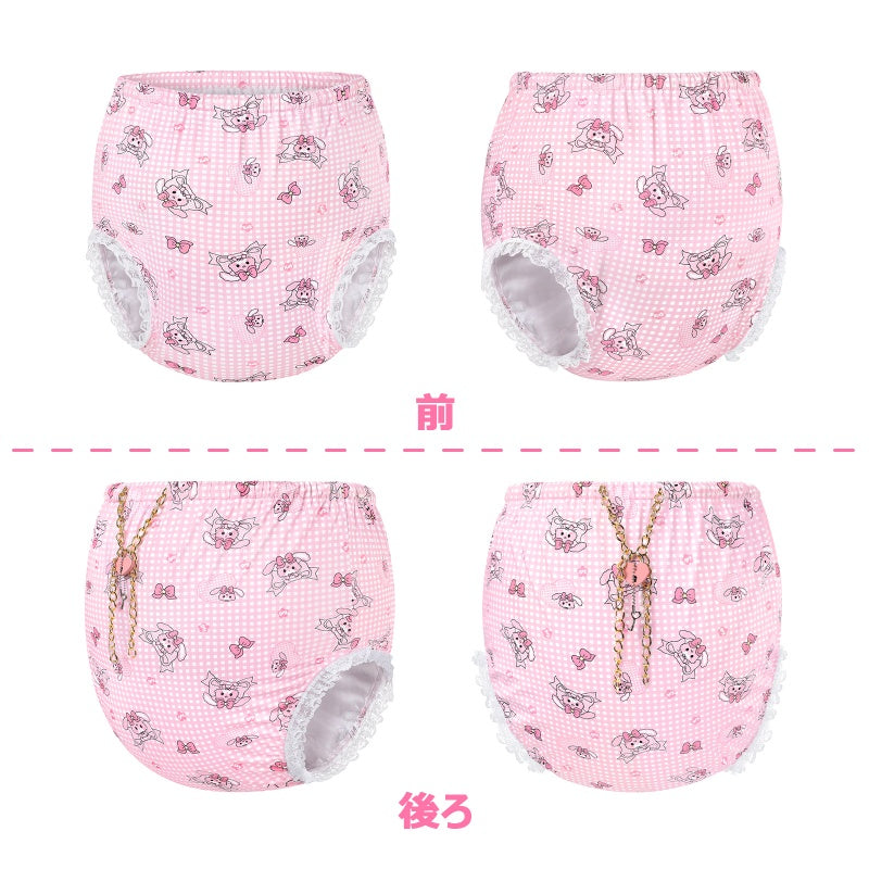 LittleForBig大人用シルキーおむつカバー プルオン布おむつパンツ【うさぎとリボン柄】TPU製 格子縞 ロック可能なハート型錠 金属チェーン付き レース飾り裾 防水・漏れ防止 洗濯可 ピンク DC209P