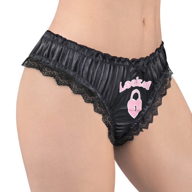LittleForBigユニセックスパンティー サテン光沢レース素材【ロマンチックなハート型錠】フリル裾デザイン 前リボン装飾 ヒップシャーリングシワ加工 ストレッチウエストゴム 黒 MUP536H