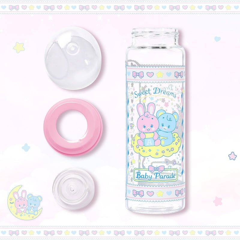 LittleForBig大人用哺乳びん 大容量450mL ガラス製哺乳瓶【眠っているウサギとベアちゃん】防塵蓋付 交換可能シリコーンニップル 広口設計 BPA・ラテックスフリー 高耐久 X字型の飲み口 ピンク BTL12