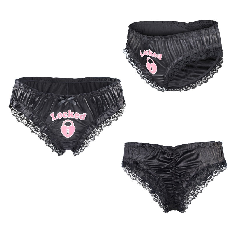 LittleForBigユニセックスパンティー サテン光沢レース素材【ロマンチックなハート型錠】フリル裾デザイン 前リボン装飾 ヒップシャーリングシワ加工 ストレッチウエストゴム 黒 MUP536H