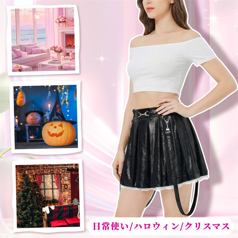 Littleforbig大人 プリーツスカート スパークルメタリック【トラブルメーカー】光沢感 Aラインドレス レース飾りの裾 フェイクストラップ ブラック 348H