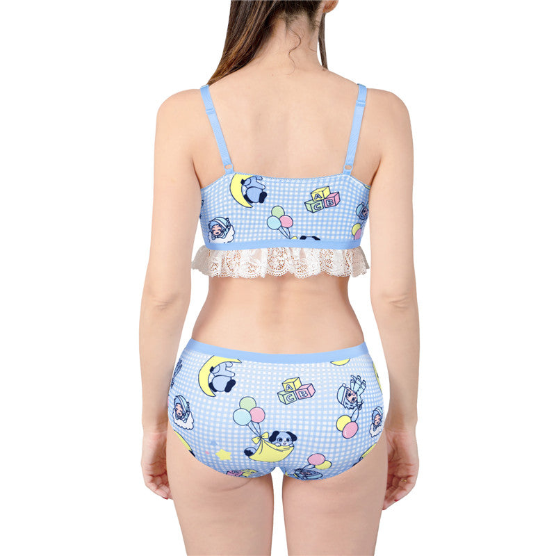 LittleForBigレーディス レース飾りブラレット2点セット【あおちゃん・寝る時間】格子縞キャミソールとパンティー 調整可能なストラップ スベスベシルキー触感 ブルー UT270B