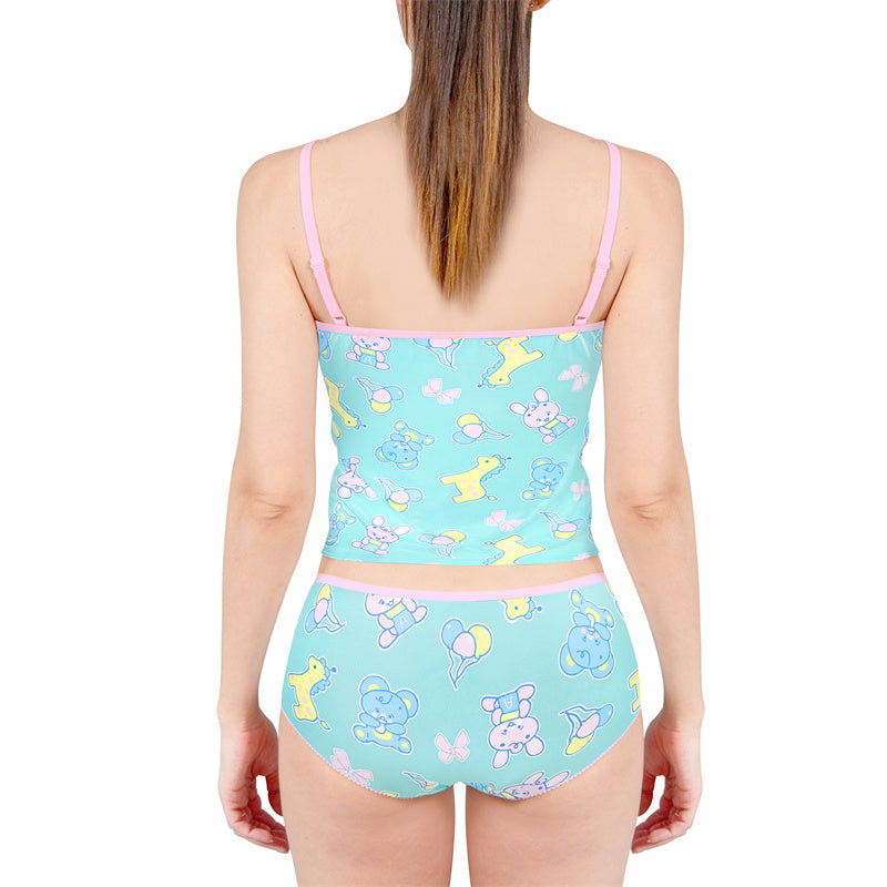 LittleForBigレーディス パジャマ2点セット【遊園地】総柄キャミソールとパンティー リボン飾り ブラレット 部屋着 調整可能なストラップ スベスベシルキー触感 緑 UT281V