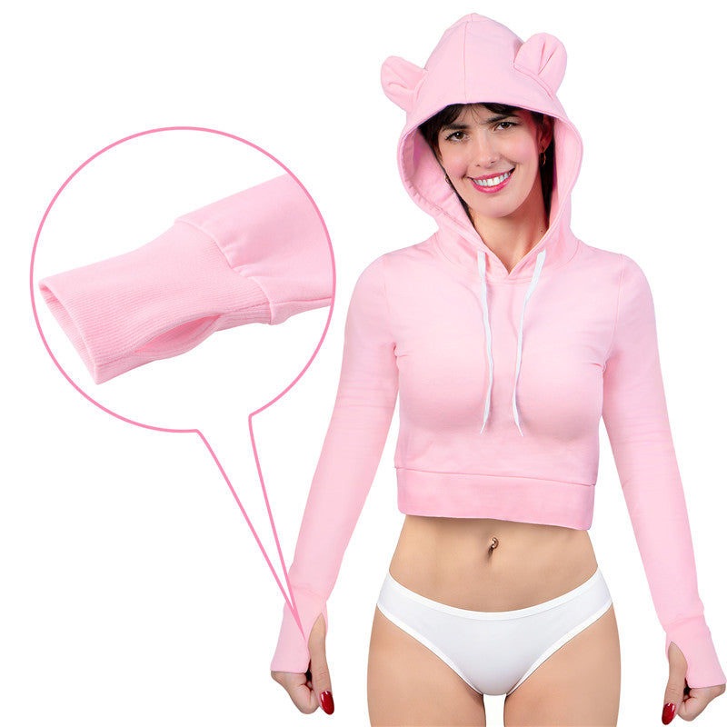 LittleForBigレディース 綿クロップドフーディー【ふわふわベアちゃん】パーカー 長袖 サムホール ドローストリング レギュラーフィット ピンク J612P