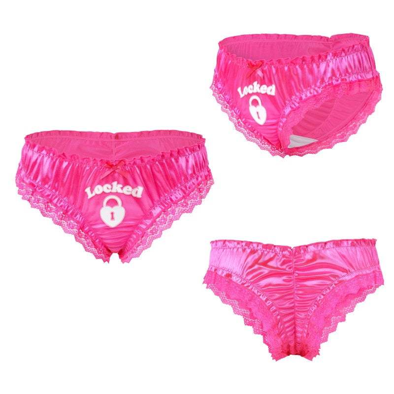 LittleForBigユニセックスパンティー サテン光沢レース素材【ロマンチックなハート型錠】フリル裾デザイン 前リボン装飾 ヒップシャーリングシワ加工 ストレッチウエストゴム ローズ MUP536F