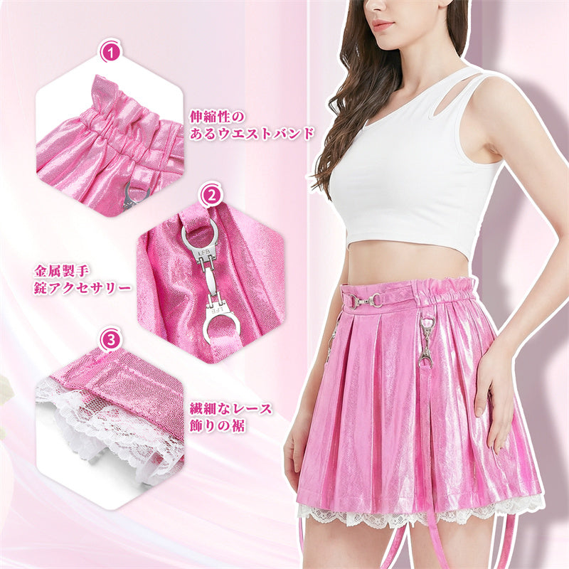 Littleforbig大人 プリーツスカート スパークルメタリック【トラブルメーカー】光沢感 Aラインドレス レース飾りの裾 フェイクストラップ ピンク 348P