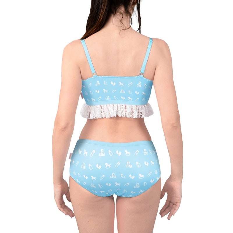 LittleForBigレーディス レース飾りブラレット2点セット【ふわふわ テディパンツ】総柄キャミソールとパンティー 調整可能なストラップ スベスベシルキー触感 ブルー UT278B