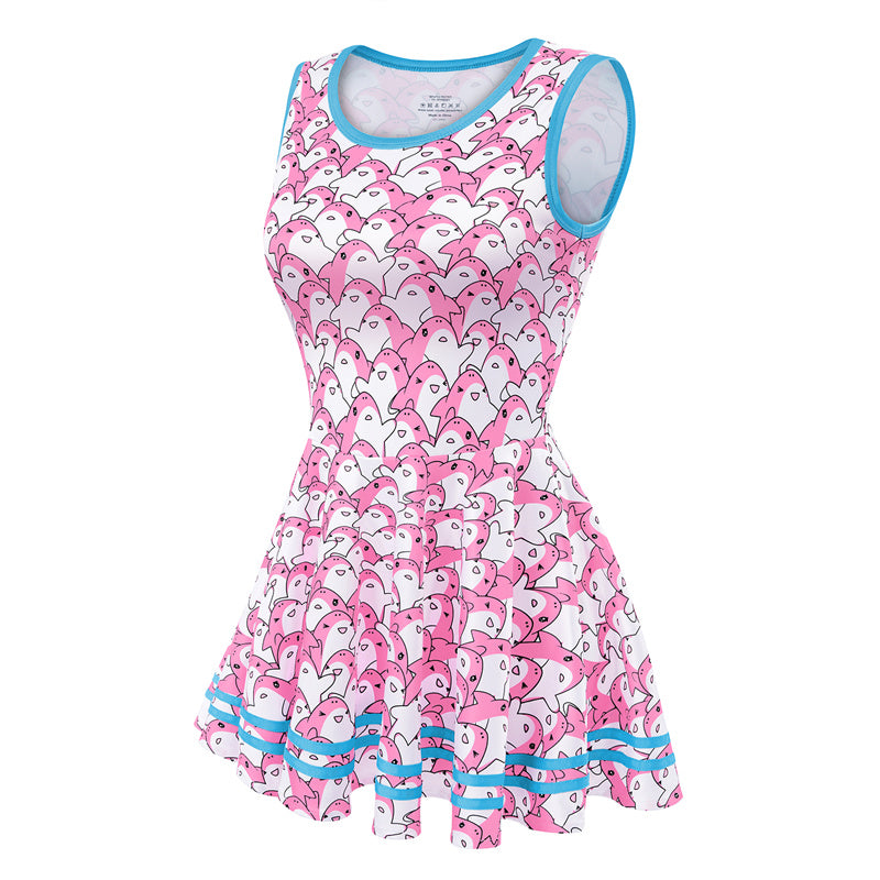 LittleForBigレディース シルキーミニドレス【友たちサメちゃん】総柄 袖なしドレス スカート 丸ネック 隠しジッパー ピンク 336P