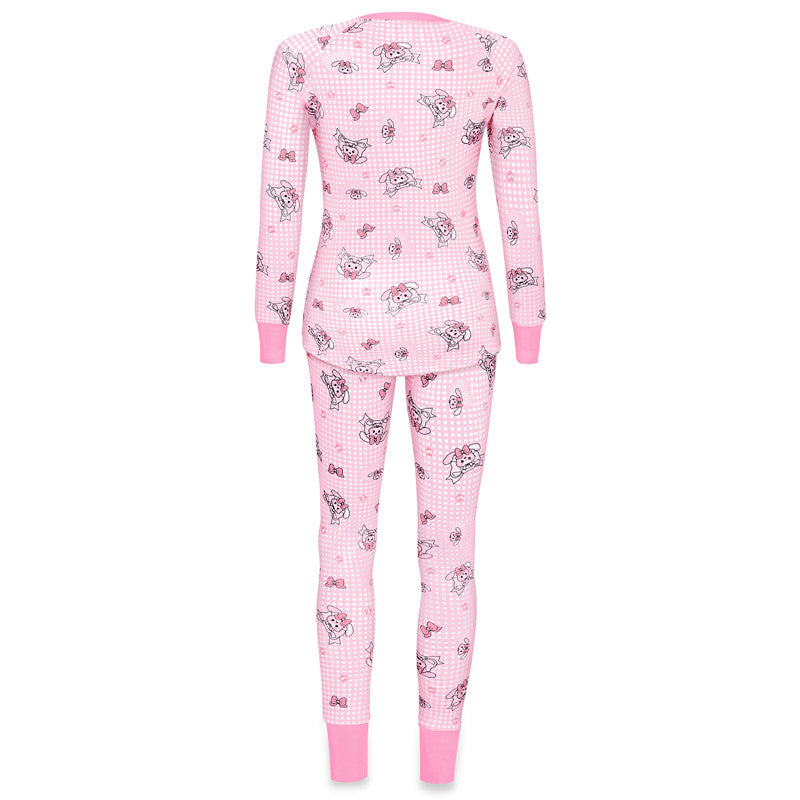 LittleForBig大人シルキーパジャマ2点セット【うさぎとリボン柄】格子縞の長袖とズボン 部屋着 伸縮性 ユニセックス ピンク AT626