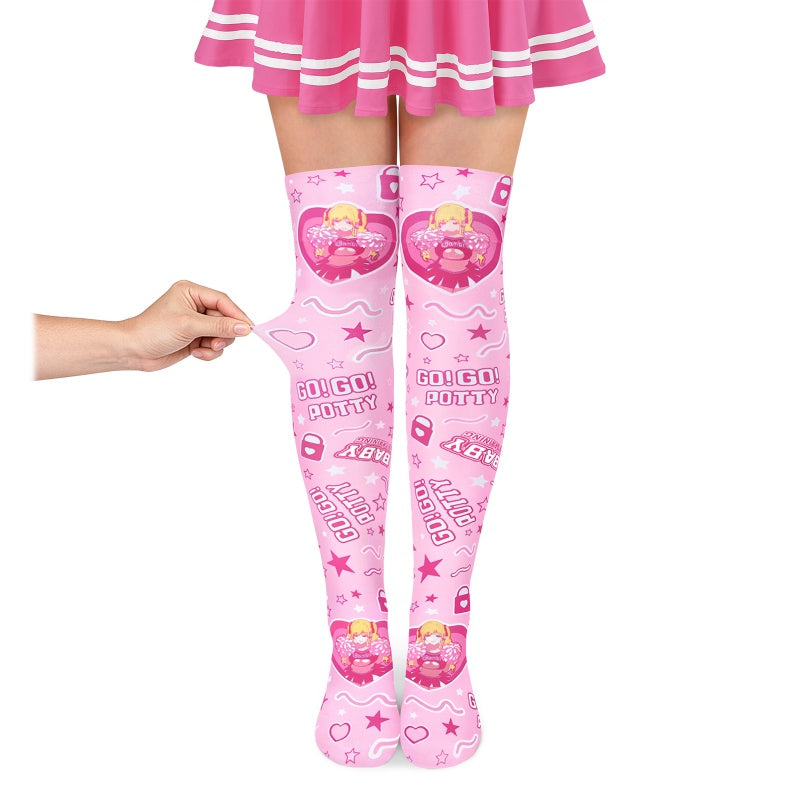 LittleForBigニーハイストッキング オーバーニー【トレーニング中&バンビちゃん】サイハイ 滑り止めシリコーングリップ シームレストゥ 星柄 ハート柄 靴下 シルキーハイソックス ピンク SL30P