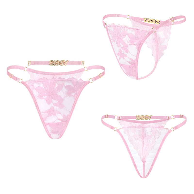 LittleForBigメンズ レースTバックパンティー【花柄ドール風】取り外し可能なラインストーン「SISSY」ベルト 調節可能なウエストバンド 下着 ピンク MUP540P