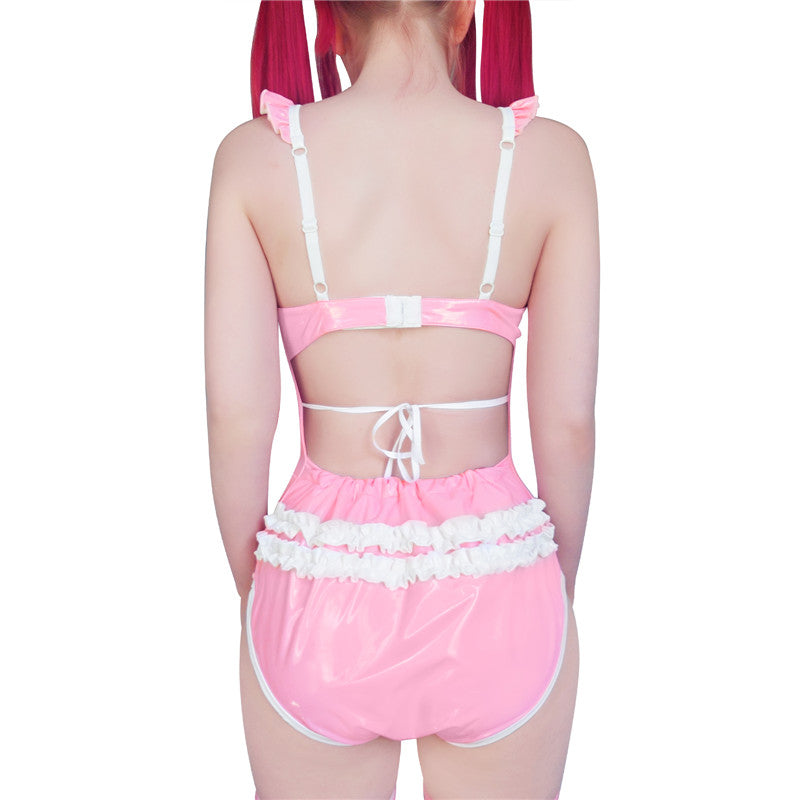 LittleForBig大人ロンパース キャミソール【お姫様風】光沢フェイクレザー フリル袖とネックライン バック3D白フリル2段 バックレストレーニングロンパース 調整可能なストラップ ピンク 1027P