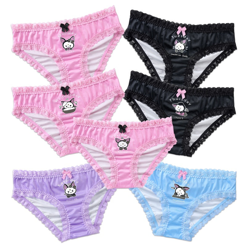 LittleForBigレディース パンティー7枚セット シルキー下着【いたずらなベラちゃんの一週間】レースとリボン飾り リブ編み 多色 黒&ブルー&ピンク&紫 UP237-S701