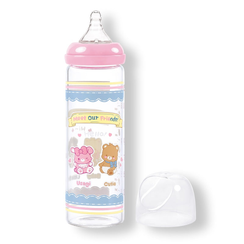 LittleForBig大人用哺乳瓶 大容量450mL ガラス製 哺乳びん【なかよしのお友達】テーマ 防塵蓋付 交換可能なシリコーンニップル 広口設計 BPAフリー 高耐久 X字型の飲み口 持ち運び便利 電子レンジ対応 ピンク BTL11