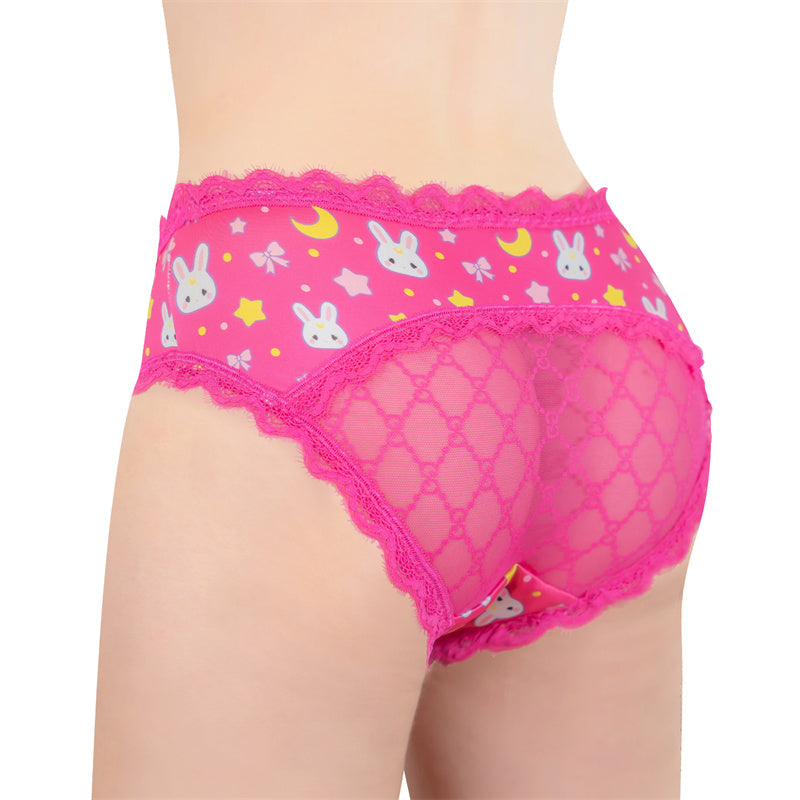 LittleForBigメンズパンティー 体型カバー リボンとレース飾り【うさぎ月】タッキングガフパンティー バックのカットアウトメッシュデザイン ローズ MUP513F