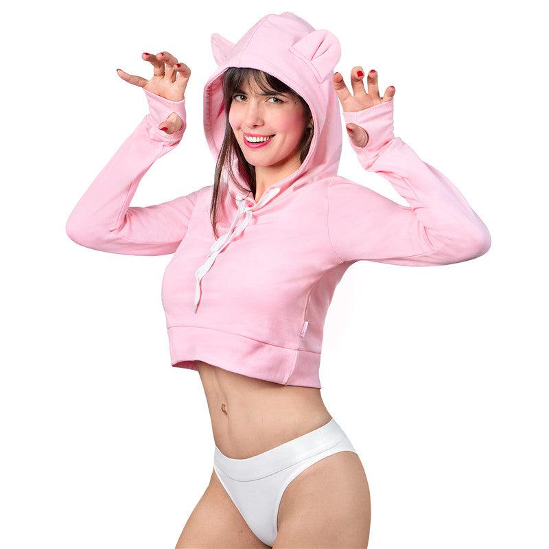 LittleForBigレディース 綿クロップドフーディー【ふわふわベアちゃん】パーカー 長袖 サムホール ドローストリング レギュラーフィット ピンク J612P