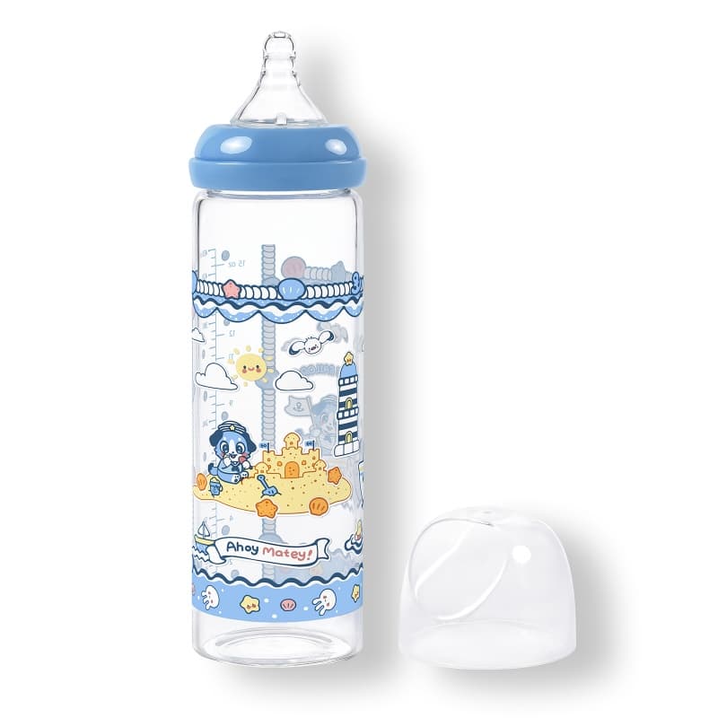 LittleForBig大人用哺乳びん【セーラーあおちゃんの航海冒険】防塵蓋付き 大容量450 mL 引き換え可能なシリコーンニップル 大人向けグラス哺乳瓶 青 BTL10