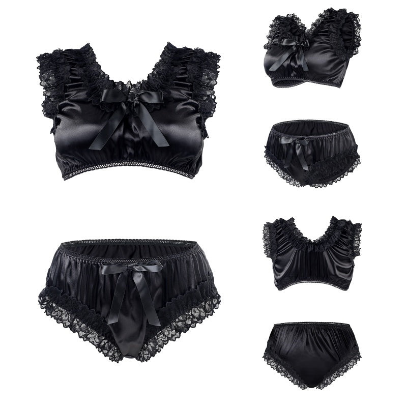 LittleForBigユニセックス ブラレット2点セット【光沢サテン】レースフリルとリボン付き 繻子質感 ストレッチウエストと裾 シルキー触感 キャミソールとパンティー プルオン式 伸縮性 黒 MUT266H