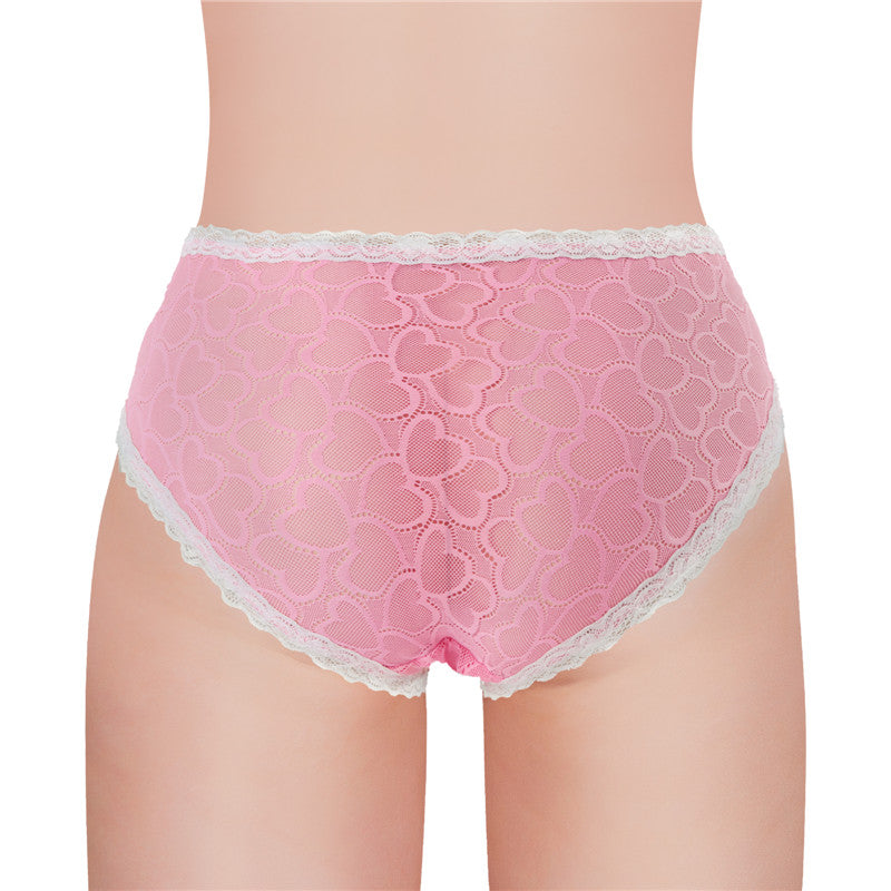 [LittleForBigメンズ メッシュパンティー 体型カバー【ピンクのハート】レースとリボン飾り ヒップスターブリーフ タッキングガフパンティー 下着 ピンク MUP517P2