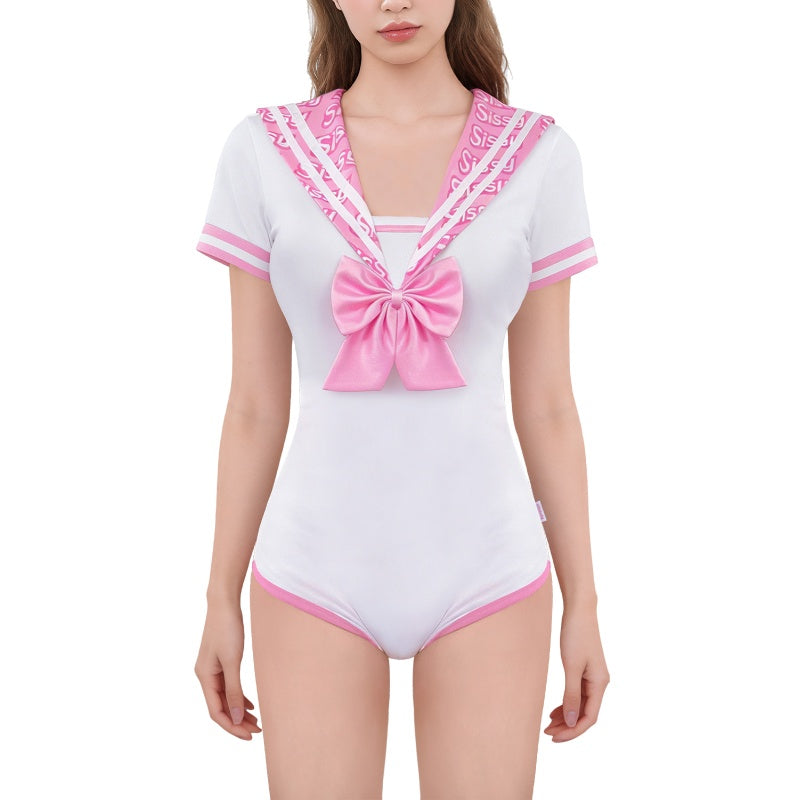 LittleForBigメンズロンパース2点セット プリーツスカート【スクールガール風】 シシー総柄 制服 シルキーパジャマ ボディースーツ リボン飾り ピンク M1029TP