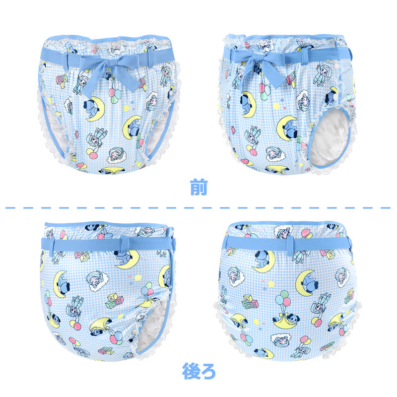 LittleForBig大人用シルキーおむつカバー【あおちゃん·寝る時間】総柄 レースと蝶結び 調整可ウェスト ３層通気性・防水・漏れ防止 洗濯可 ブルー DC409B