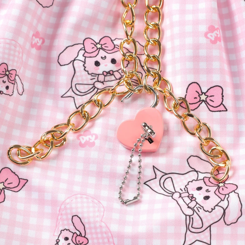 LittleForBig大人用シルキーおむつカバー プルオン布おむつパンツ【うさぎとリボン柄】TPU製 格子縞 ロック可能なハート型錠 金属チェーン付き レース飾り裾 防水・漏れ防止 洗濯可 ピンク DC209P