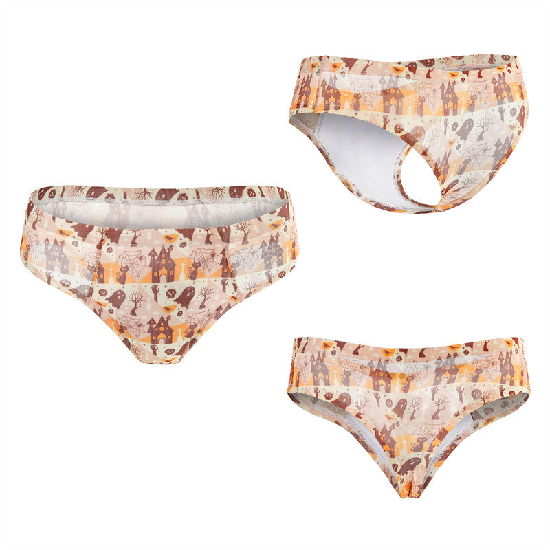 LittleForBigメンズTバックパンティー タッキングギャフ ブラジリアンチーキー【ゴースト・お化け屋敷・クモの巣柄】ハロウィン風 スムース柔軟メッシュ 黄色 MUP530Y